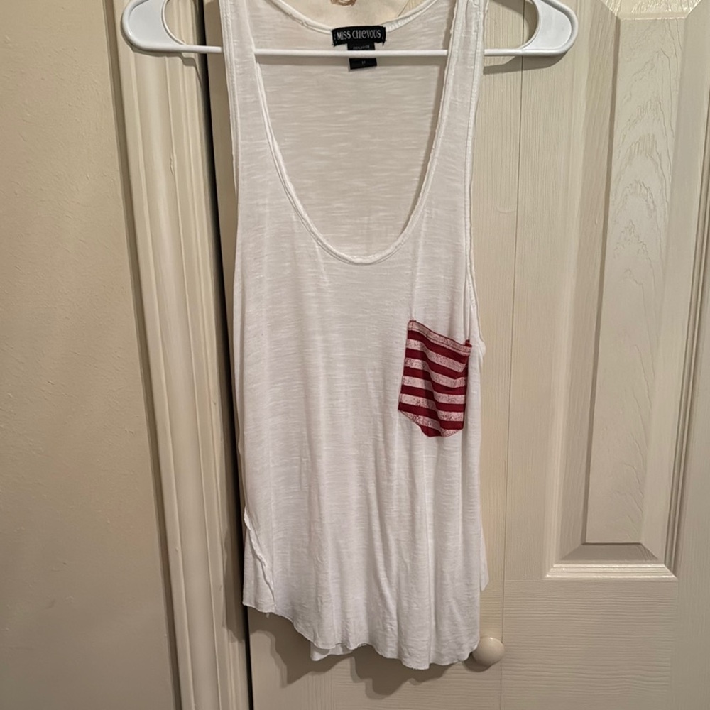 Miss Chievous White Tank Top with Red Striped Pocket